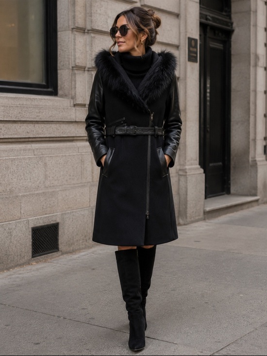 Danier Jackets & Blazers - Danier Black Wool and Leather Hooded Trench with Fur Trim
